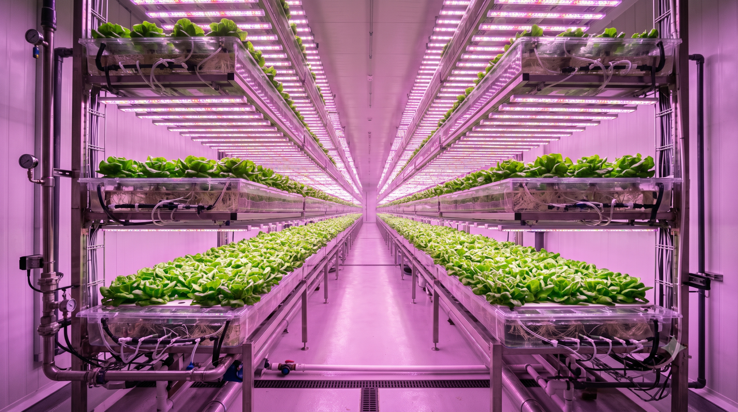 Interior de una granja vertical hidropónica moderna con LEDs y lechugas en estantes