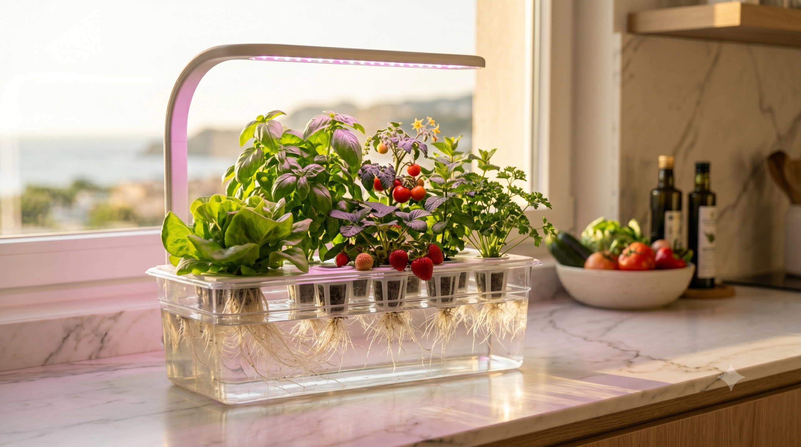 Kit hidropónico moderno sobre encimera de cocina cultivando albahaca y lechugas