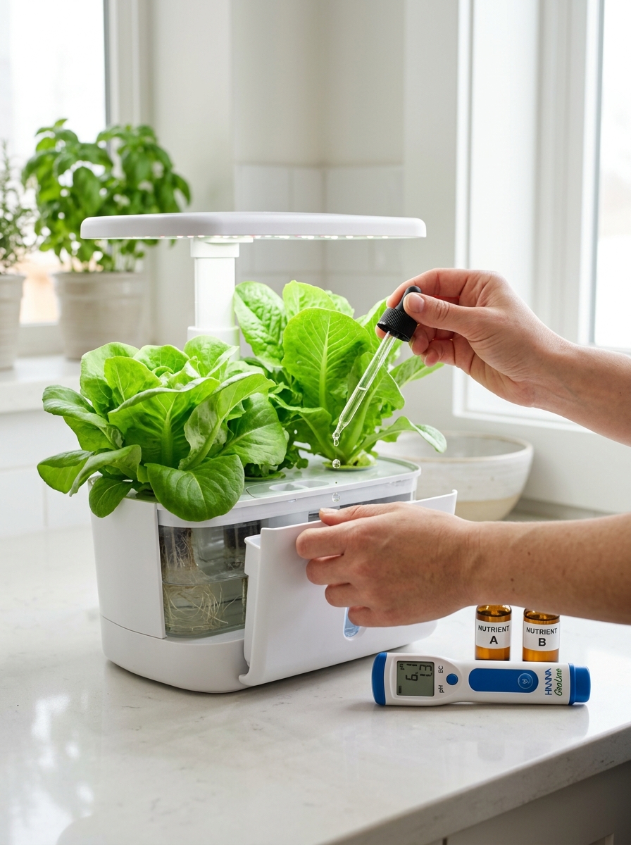 Manos anadiendo solucion nutriente a un sistema hidroponico con medidor de pH y EC