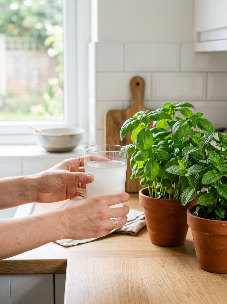 Manos sosteniendo un vaso de agua turbia junto a plantas de albahaca en una cocina