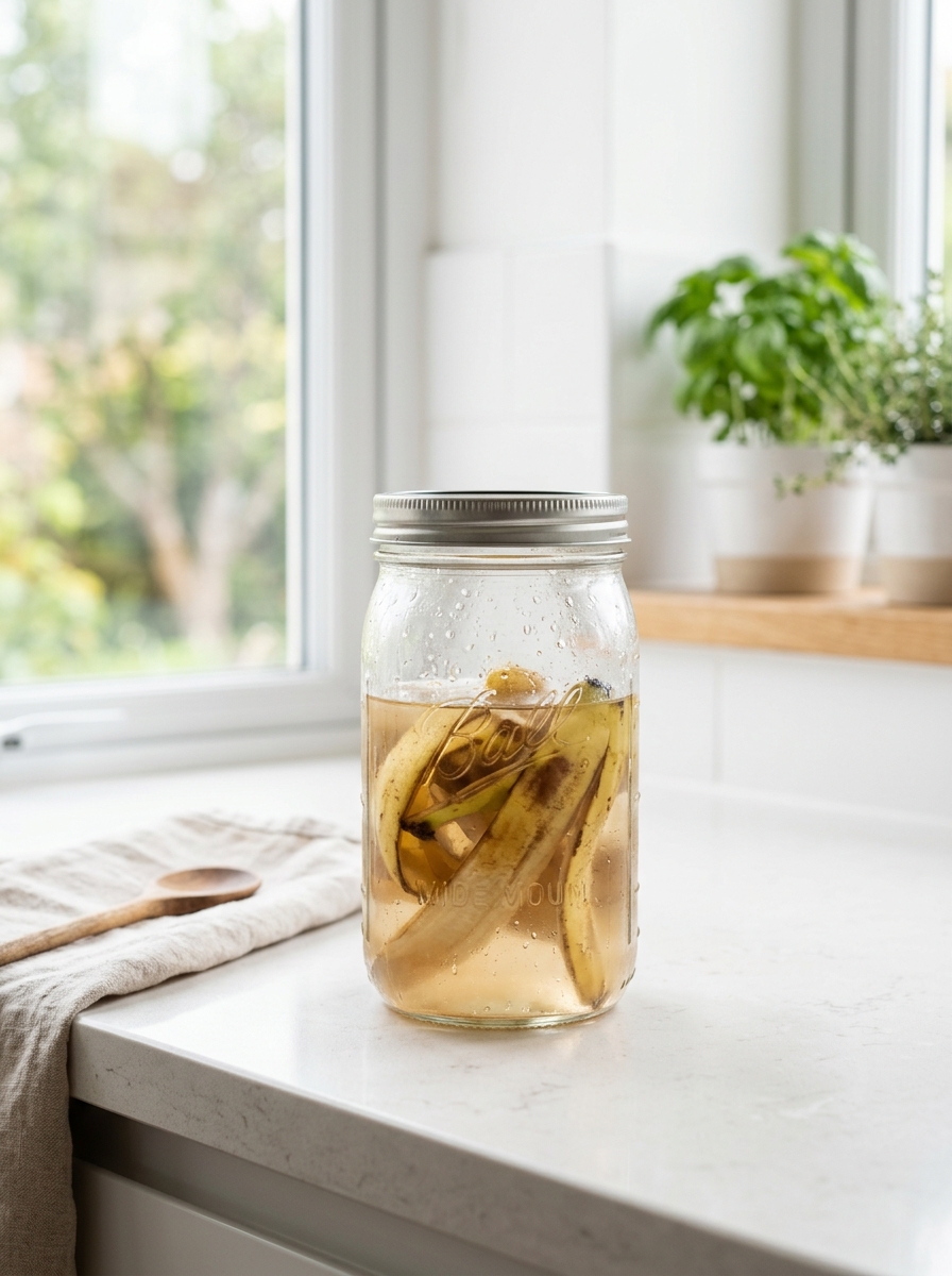 Tarro de cristal con cascaras de platano en remojo en agua
