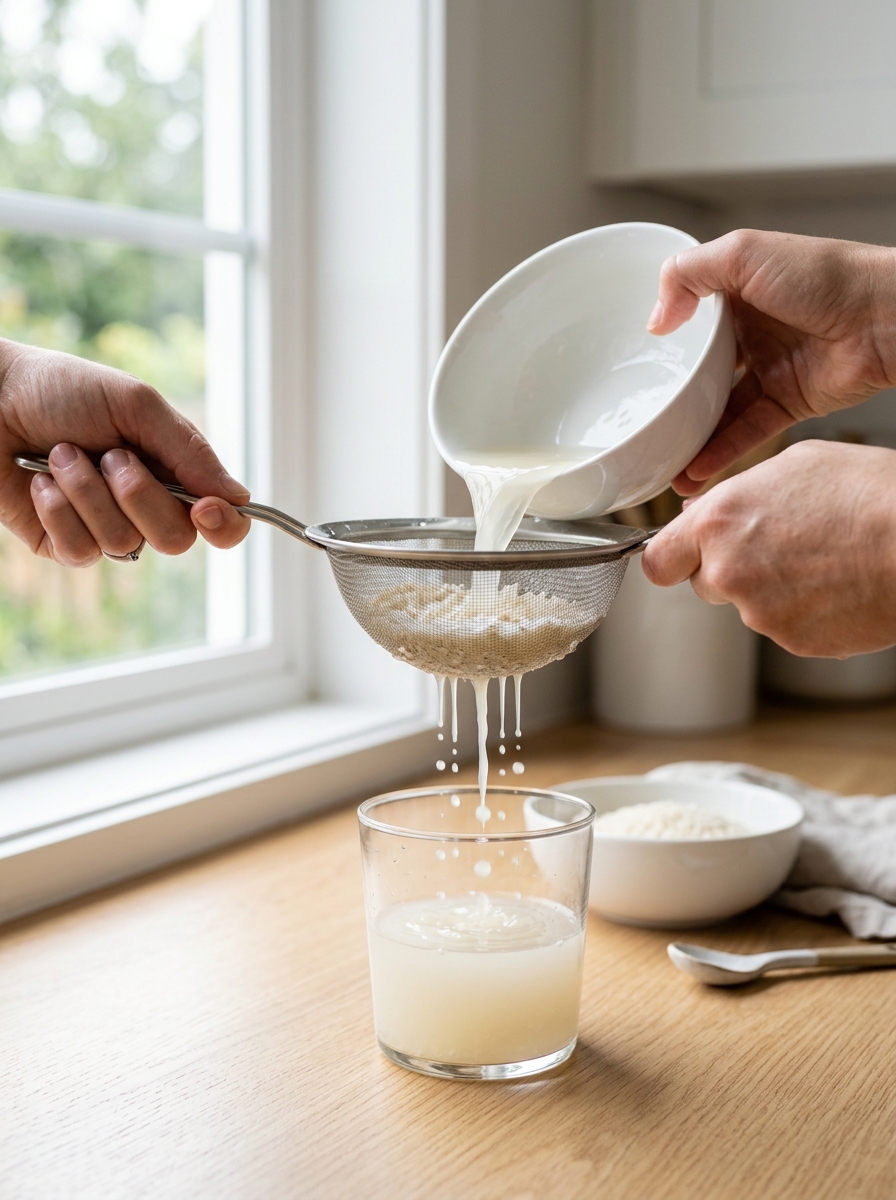 Colando agua de arroz turbia en un vaso de cristal