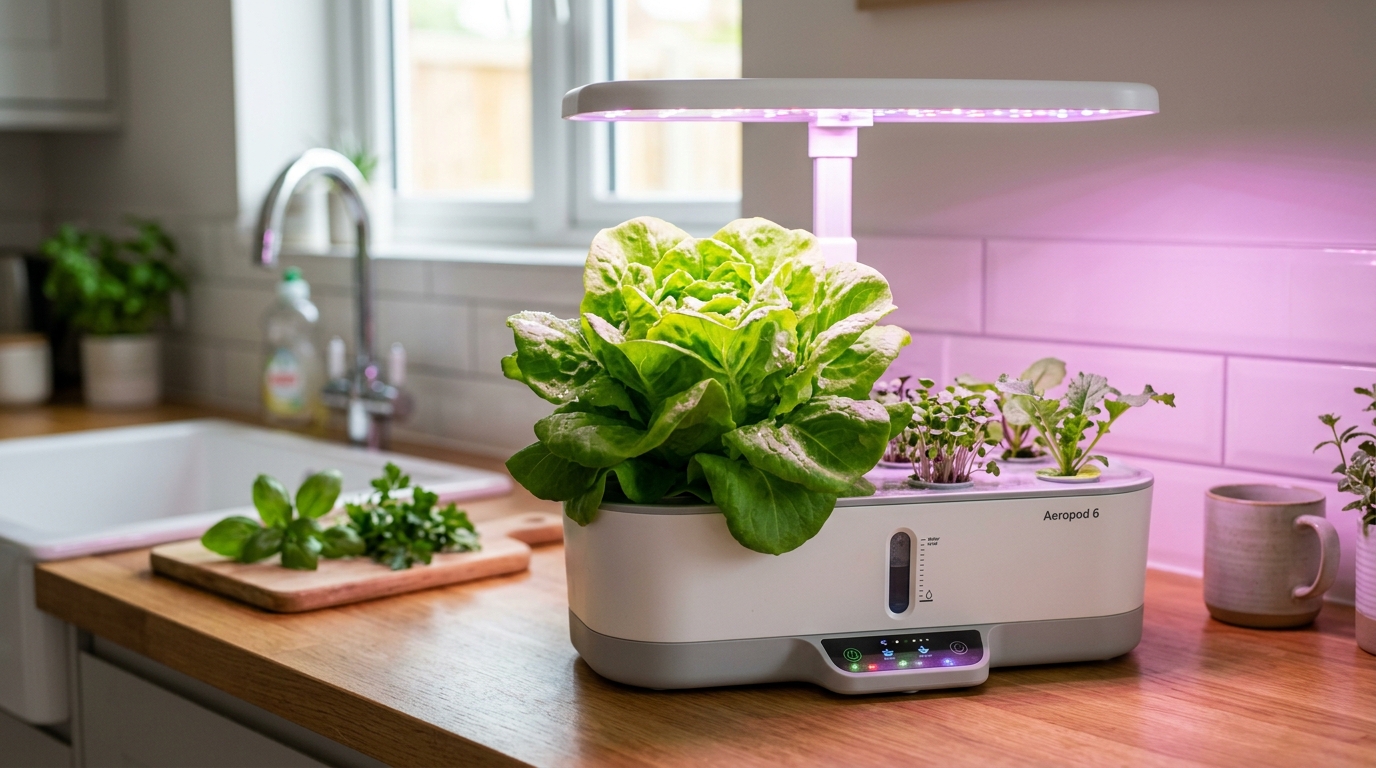 Lechuga compacta creciendo bajo una luz LED de cultivo en hidroponía