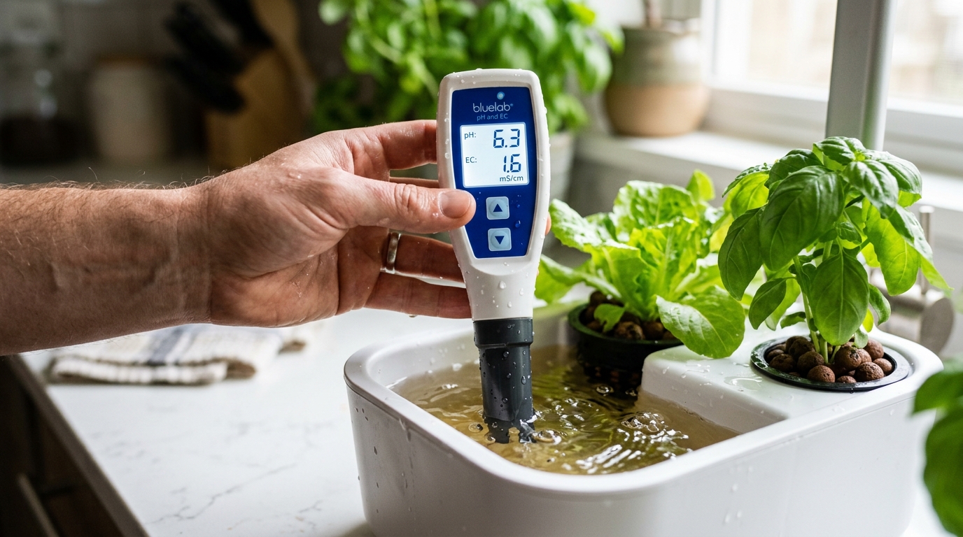 Mano midiendo el pH del agua con un medidor digital en un cultivo hidropónico