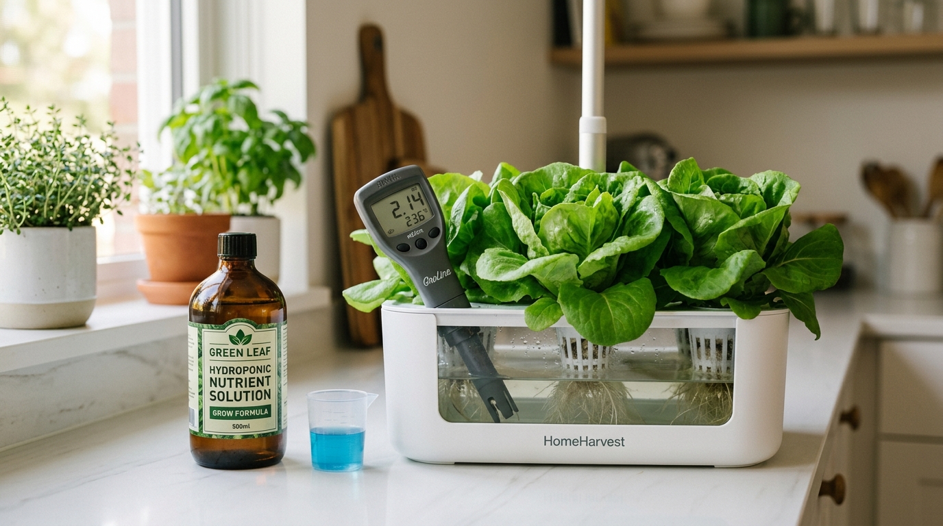 Botella de nutrientes y medidor EC junto a un kit hidropónico con lechuga