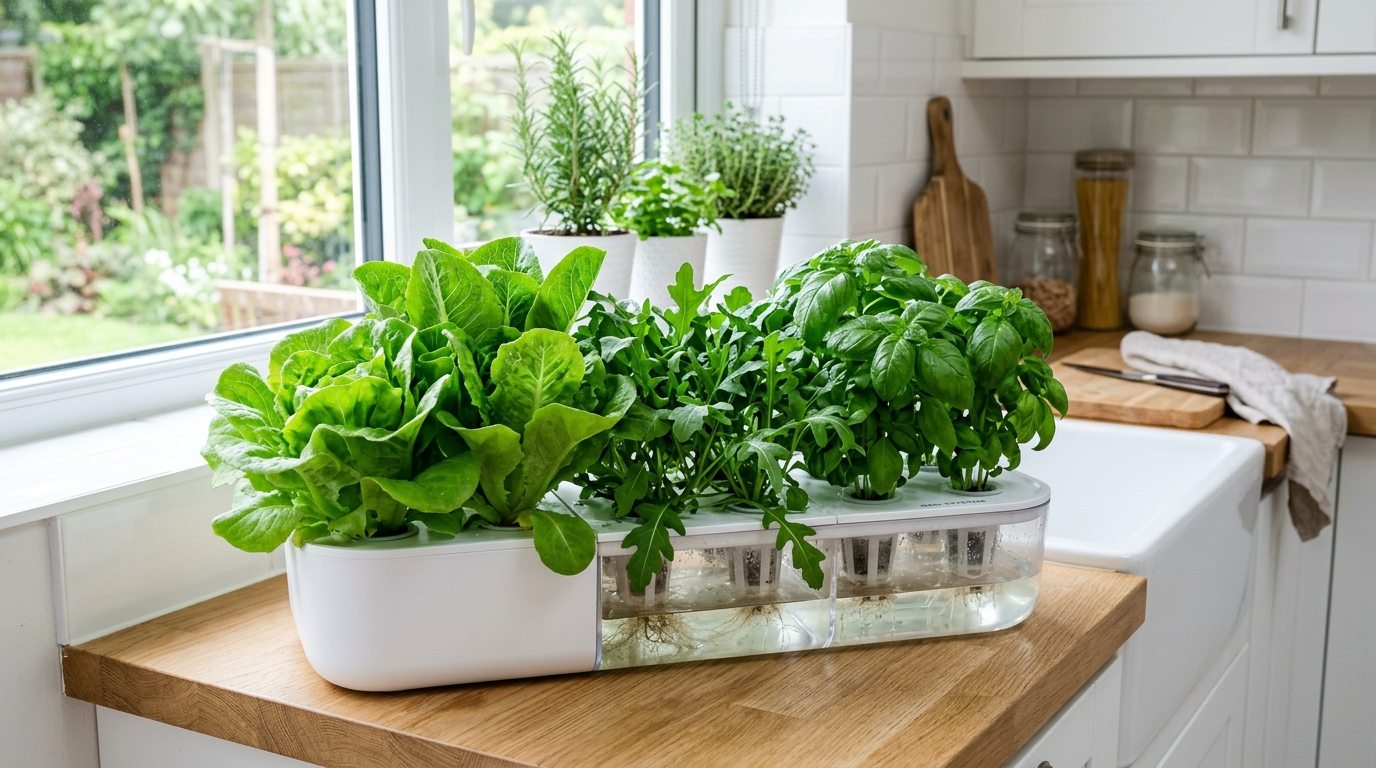 Lechuga y albahaca frescas creciendo en un sistema hidropónico de encimera