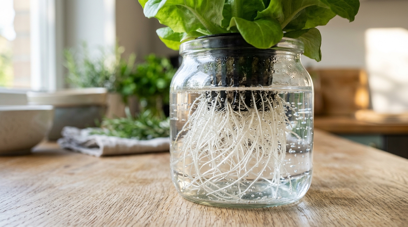 Raíces blancas y sanas de una planta hidropónica con oxígeno en un tarro de agua