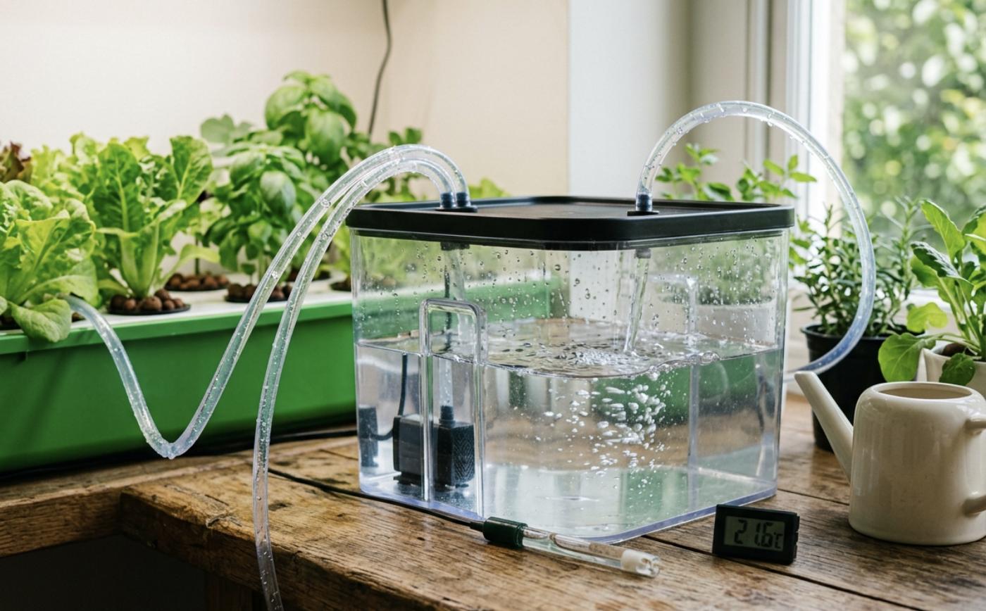 Ilustración: depósito transparente con bomba y tubos que llevan el agua al canal de cultivo y la devuelven al depósito