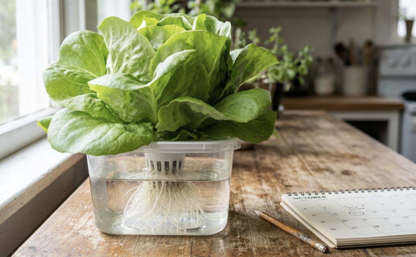 Ilustración: lechuga mantecosa de buen tamaño con las raíces en agua, junto a un calendario y un lápiz sobre una mesa de madera