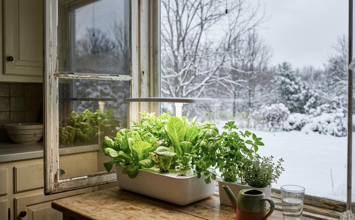 Ilustración: huerto hidropónico con lechugas y hierbas bajo lámpara LED en el alféizar de una cocina, con nieve al otro lado del cristal