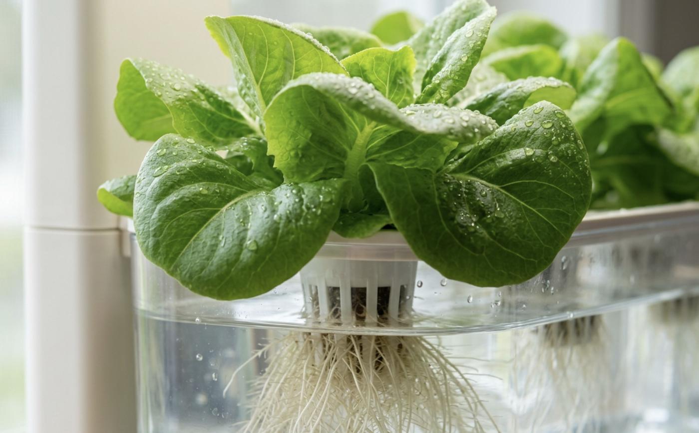 Ilustración: primer plano de hojas de lechuga con gotas de agua, sin daños de insectos, con las raíces blancas visibles en el agua