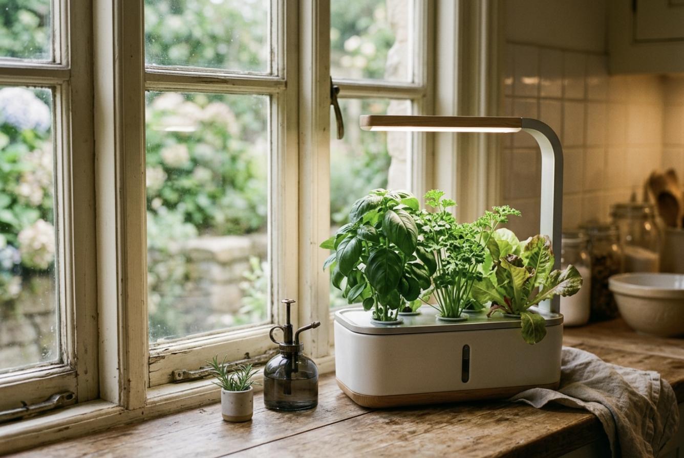 Ilustración: huerto de interior compacto con brazo LED, con albahaca, perejil y lechuga, en el alféizar de una cocina