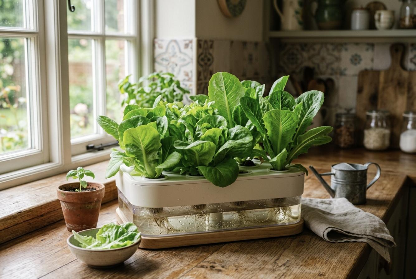 Ilustración: kit hidropónico de sobremesa con varias lechugas creciendo, junto a la ventana de una cocina
