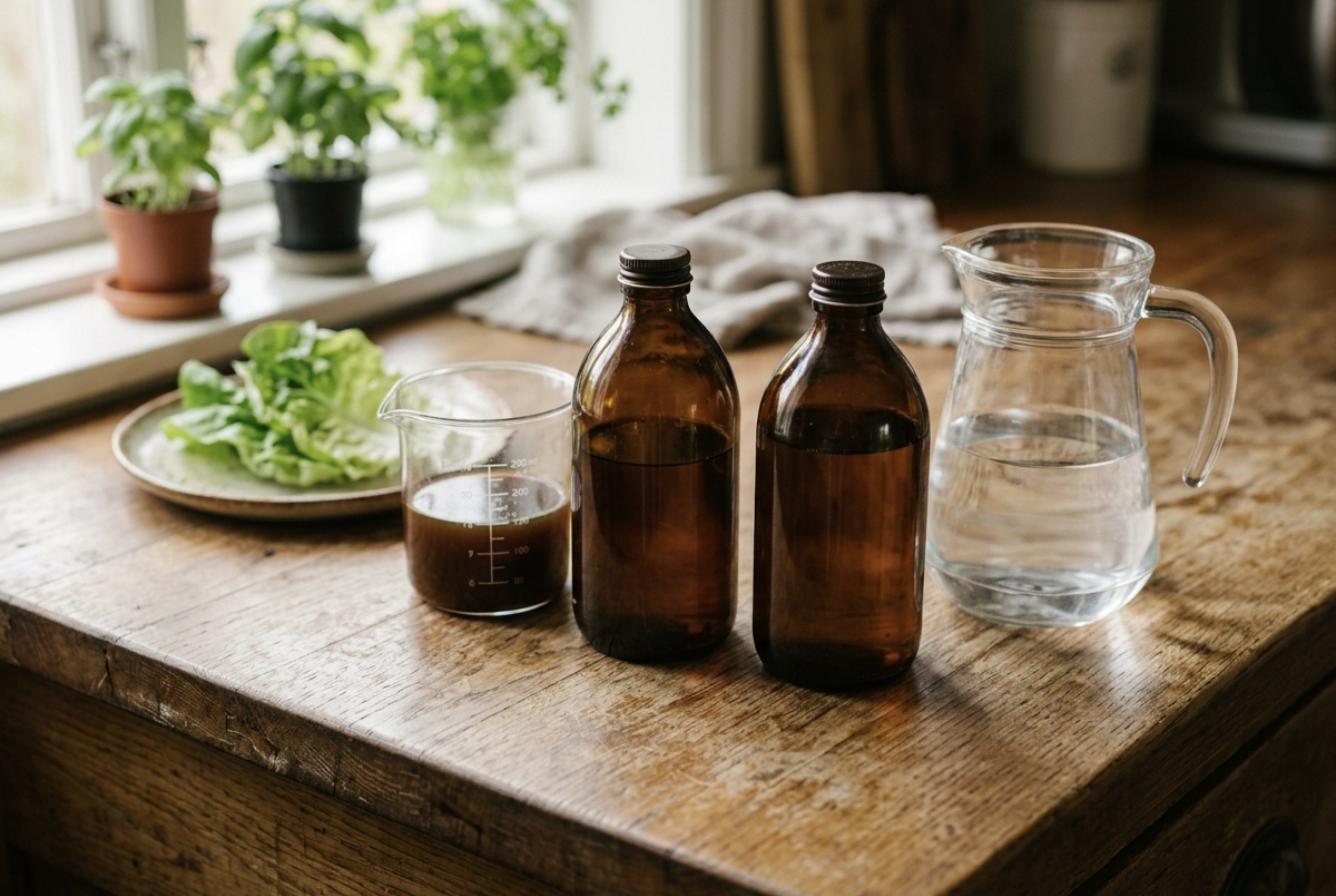 Ilustración: dos botellas ámbar de solución nutritiva junto a un vaso medidor y una jarra de agua sobre una mesa de madera
